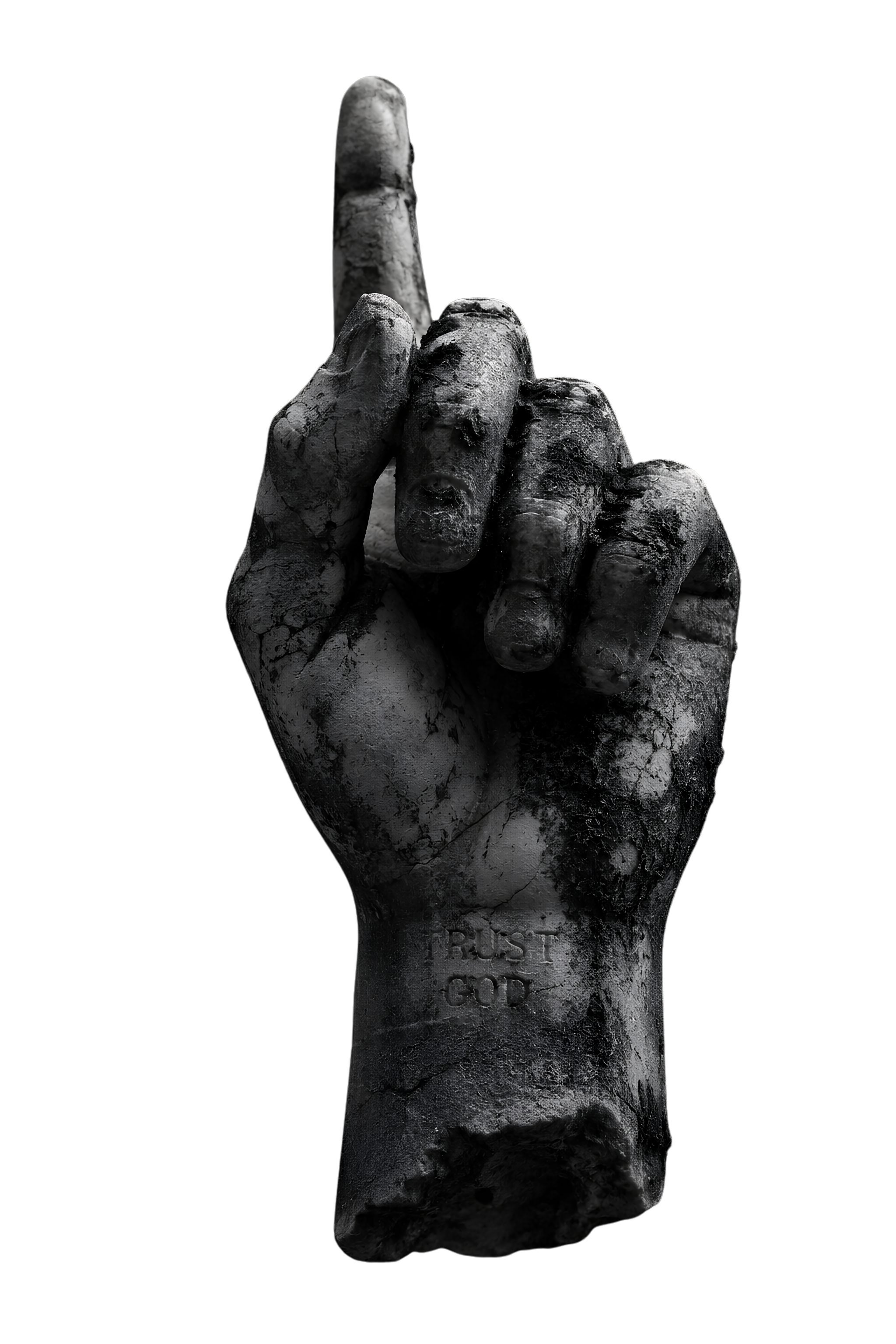 Black and white statue of a hand pointing too the sky (god) with fingers on a white background